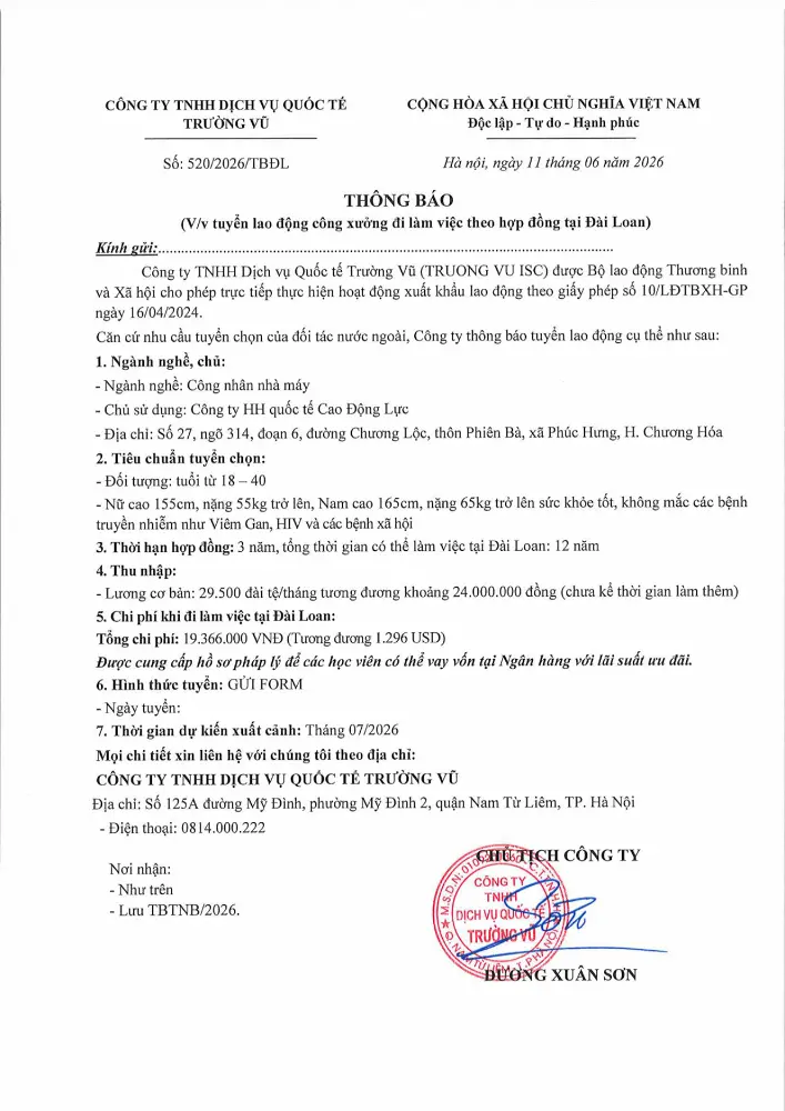 Thông báo tuyển lao động đi làm việc tại thị trường nước ngoài tháng 6 năm 2026