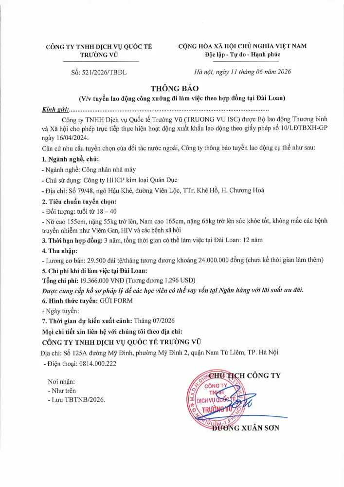 Thông báo tuyển lao động đi làm việc tại thị trường nước ngoài tháng 6 năm 2026