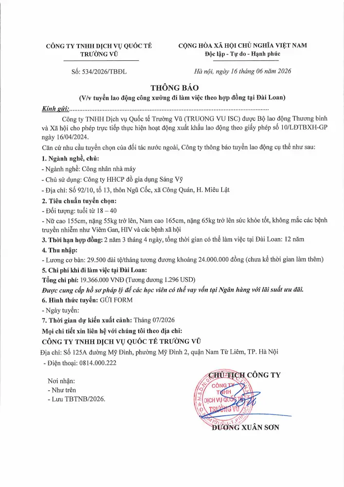 Thông báo tuyển lao động đi làm việc tại thị trường nước ngoài tháng 6 năm 2026