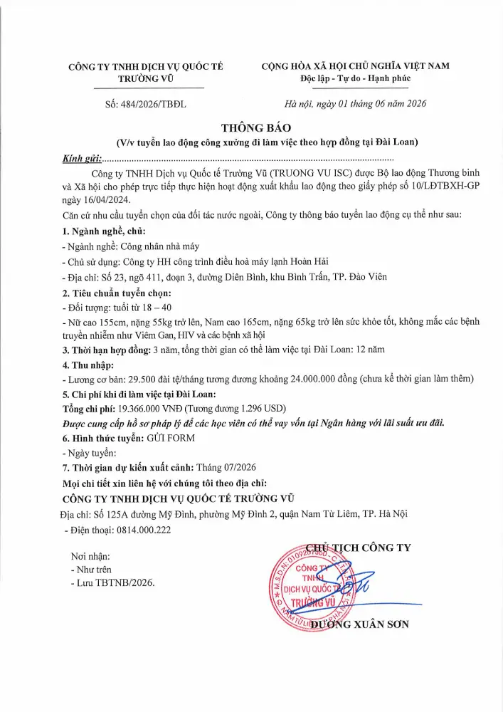 Thông báo tuyển lao động đi làm việc tại thị trường nước ngoài tháng 6 năm 2026
