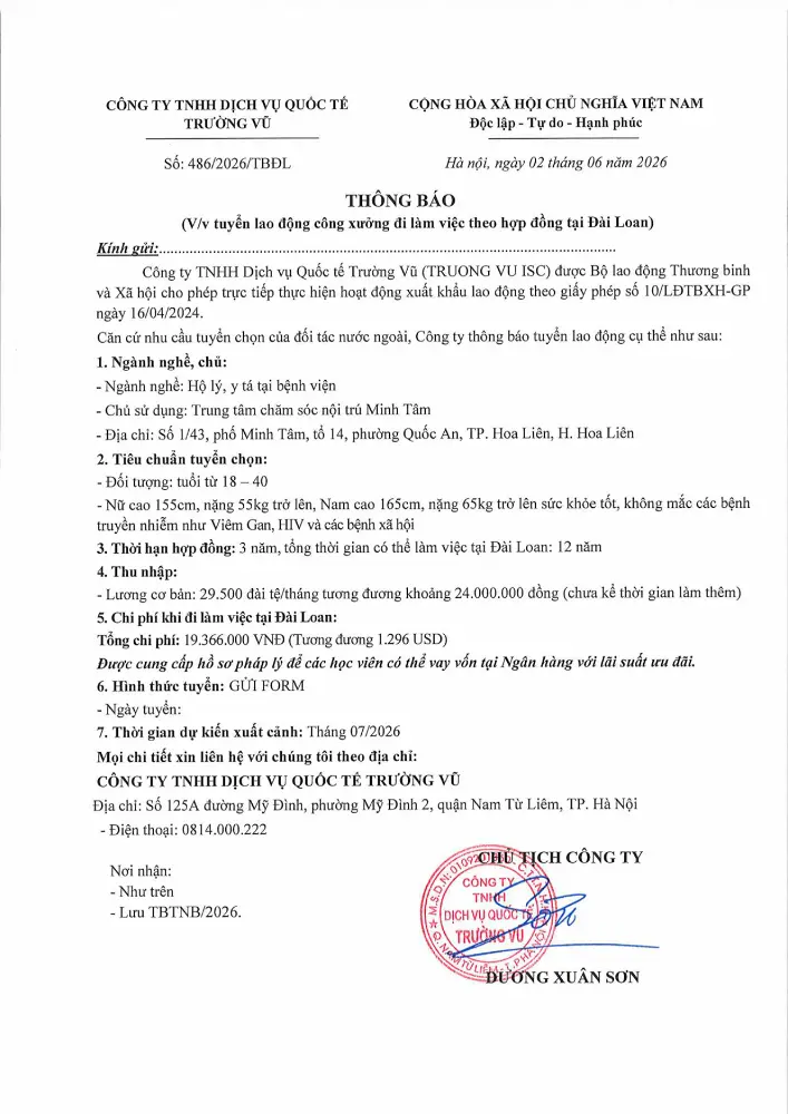 Thông báo tuyển lao động đi làm việc tại thị trường nước ngoài tháng 6 năm 2026