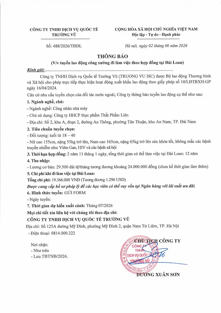 Thông báo tuyển lao động đi làm việc tại thị trường nước ngoài tháng 6 năm 2026