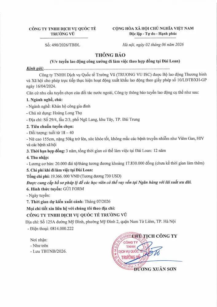 Thông báo tuyển lao động đi làm việc tại thị trường nước ngoài tháng 6 năm 2026