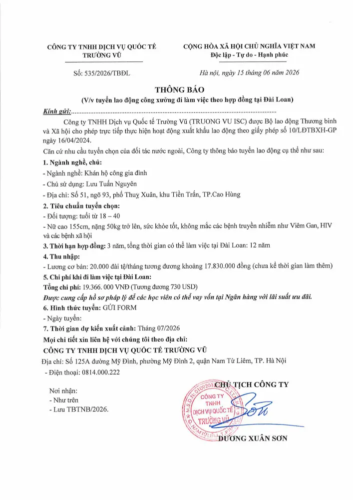 Thông báo tuyển lao động đi làm việc tại thị trường nước ngoài tháng 6 năm 2026