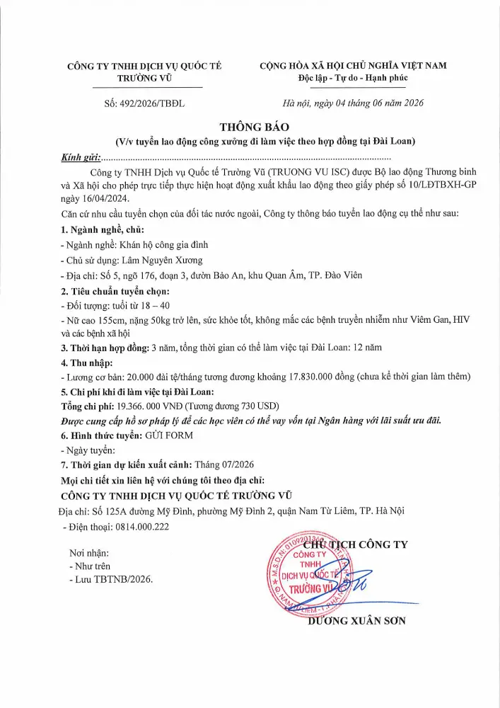 Thông báo tuyển lao động đi làm việc tại thị trường nước ngoài tháng 6 năm 2026