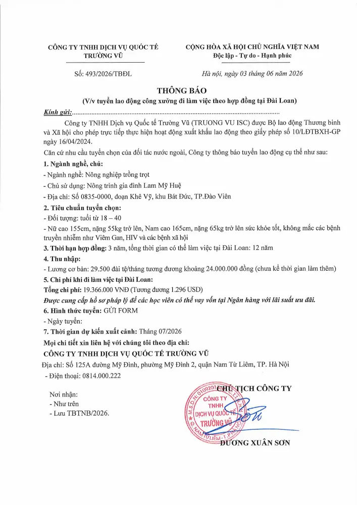 Thông báo tuyển lao động đi làm việc tại thị trường nước ngoài tháng 6 năm 2026