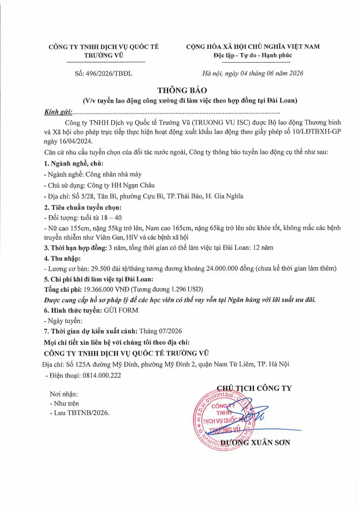 Thông báo tuyển lao động đi làm việc tại thị trường nước ngoài tháng 6 năm 2026