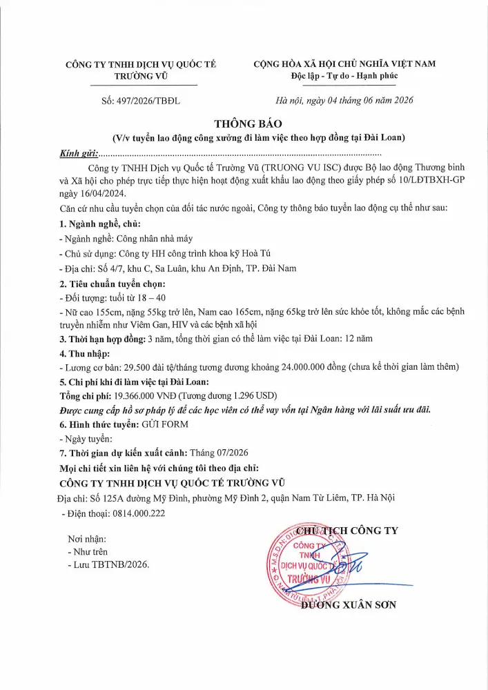 Thông báo tuyển lao động đi làm việc tại thị trường nước ngoài tháng 6 năm 2026