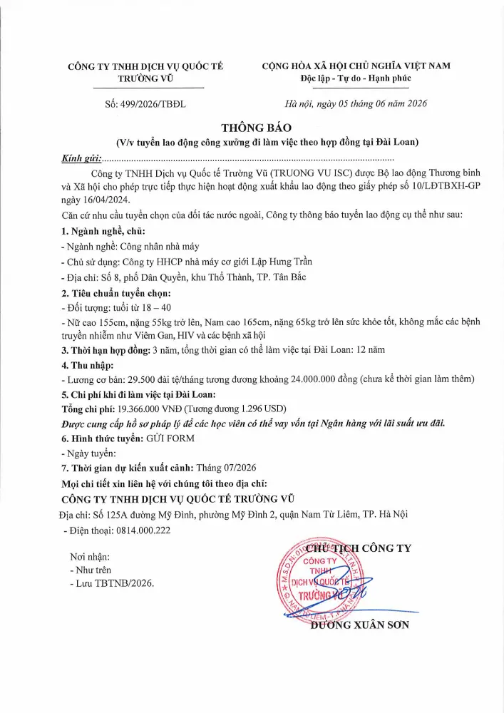 Thông báo tuyển lao động đi làm việc tại thị trường nước ngoài tháng 6 năm 2026