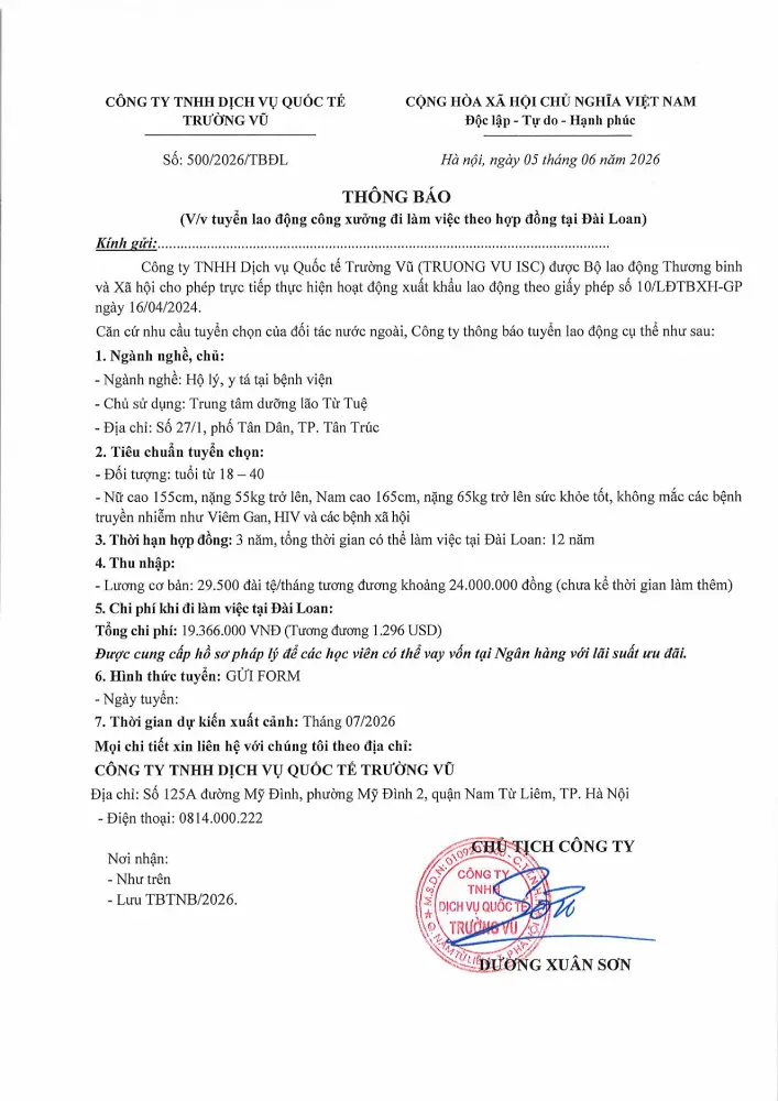 Thông báo tuyển lao động đi làm việc tại thị trường nước ngoài tháng 6 năm 2026