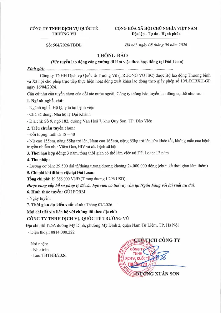 Thông báo tuyển lao động đi làm việc tại thị trường nước ngoài tháng 6 năm 2026