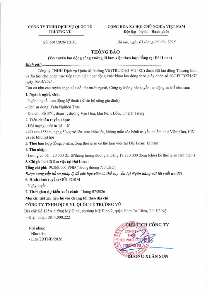 Thông báo tuyển lao động đi làm việc tại thị trường nước ngoài tháng 6 năm 2026