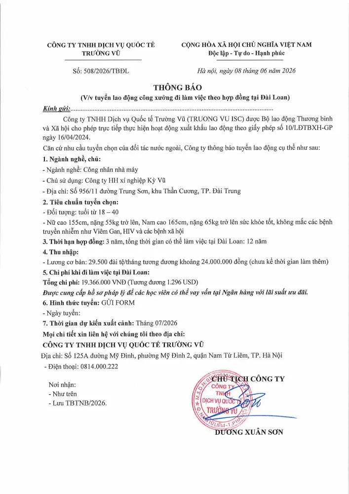 Thông báo tuyển lao động đi làm việc tại thị trường nước ngoài tháng 6 năm 2026