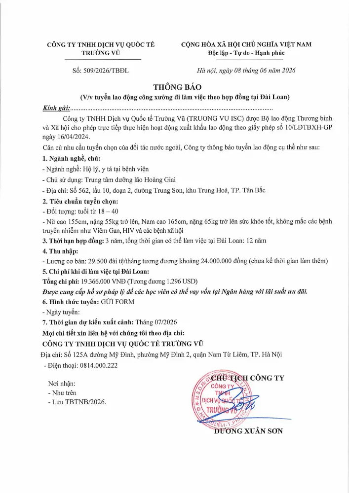 Thông báo tuyển lao động đi làm việc tại thị trường nước ngoài tháng 6 năm 2026