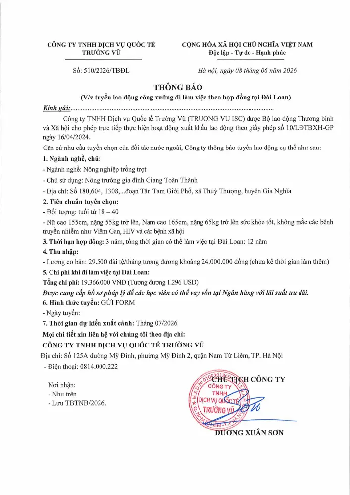 Thông báo tuyển lao động đi làm việc tại thị trường nước ngoài tháng 6 năm 2026