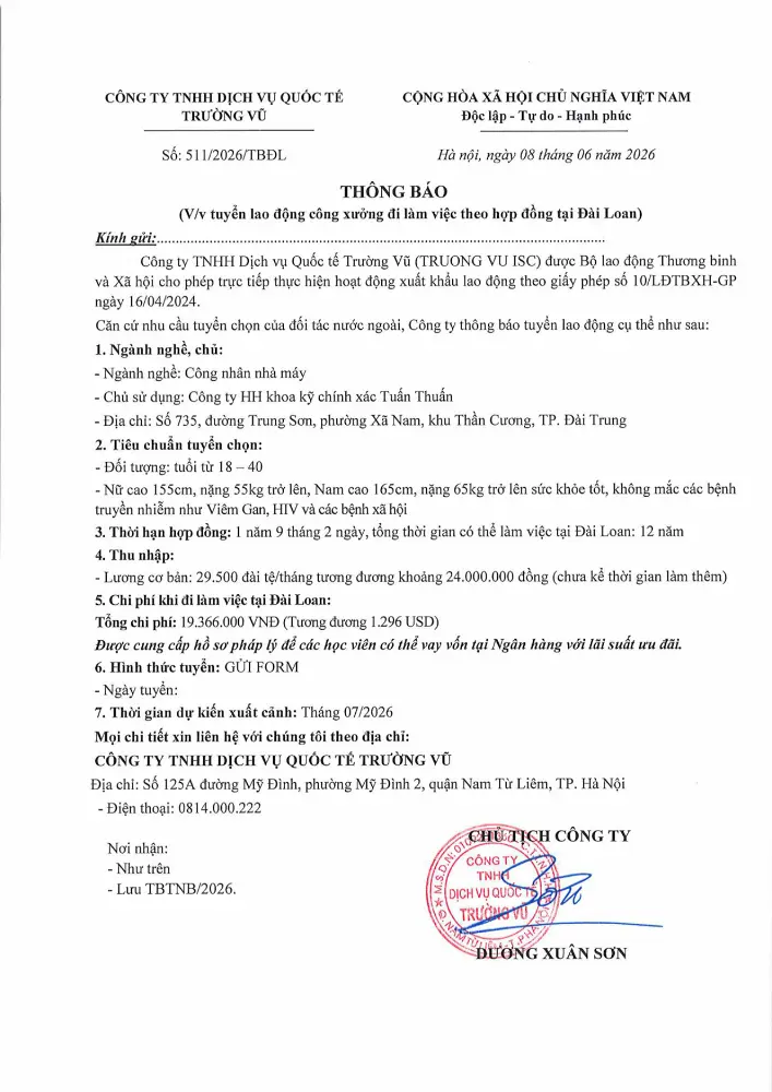 Thông báo tuyển lao động đi làm việc tại thị trường nước ngoài tháng 6 năm 2026