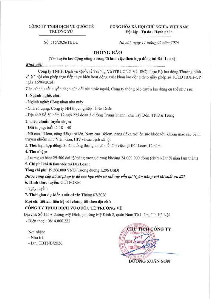 Thông báo tuyển lao động đi làm việc tại thị trường nước ngoài tháng 6 năm 2026
