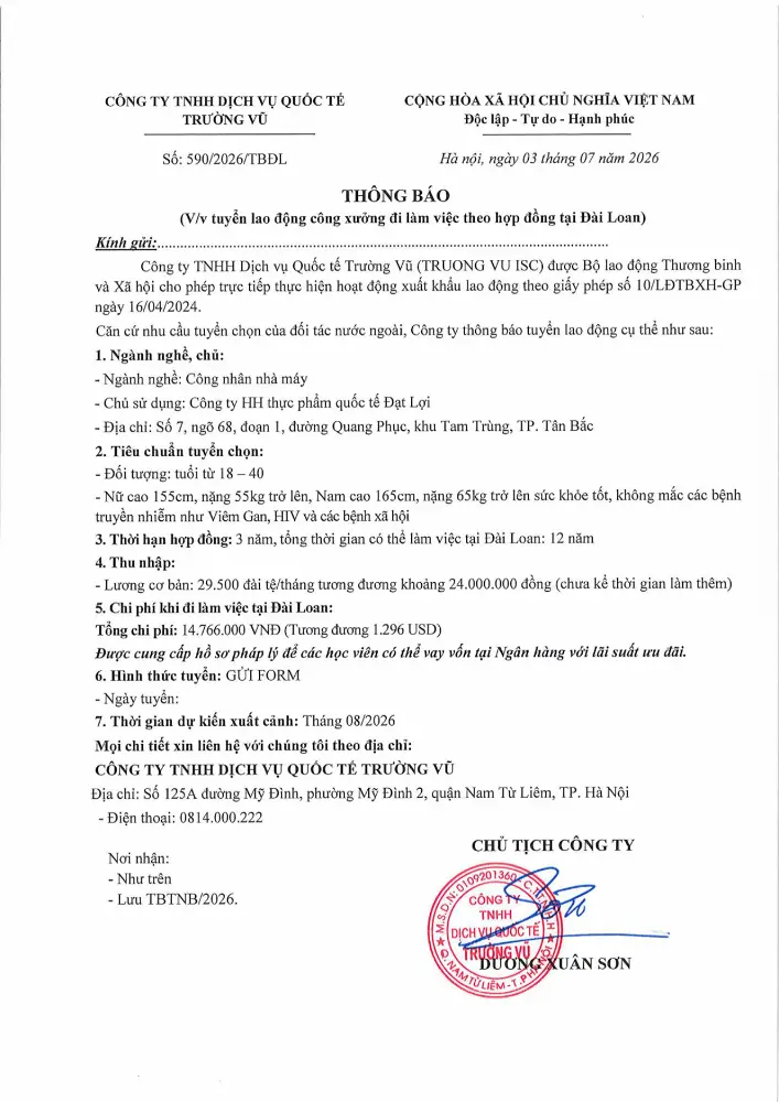 Thông báo tuyển lao động đi làm việc tại thị trường nước ngoài tháng 7 năm 2026