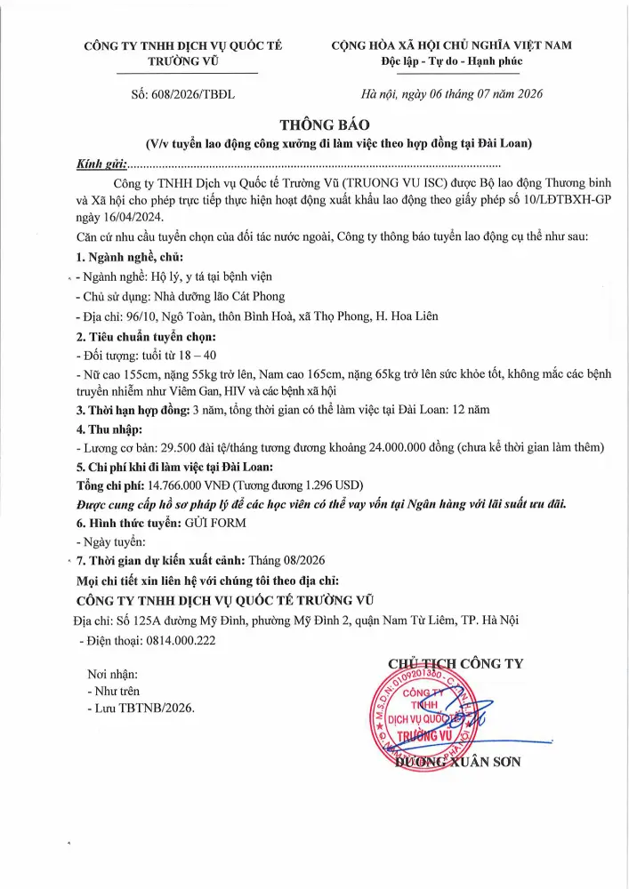 Thông báo tuyển lao động đi làm việc tại thị trường nước ngoài tháng 7 năm 2026