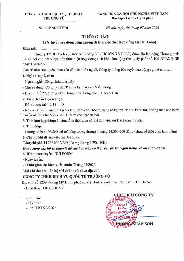 Thông báo tuyển lao động đi làm việc tại thị trường nước ngoài tháng 7 năm 2026