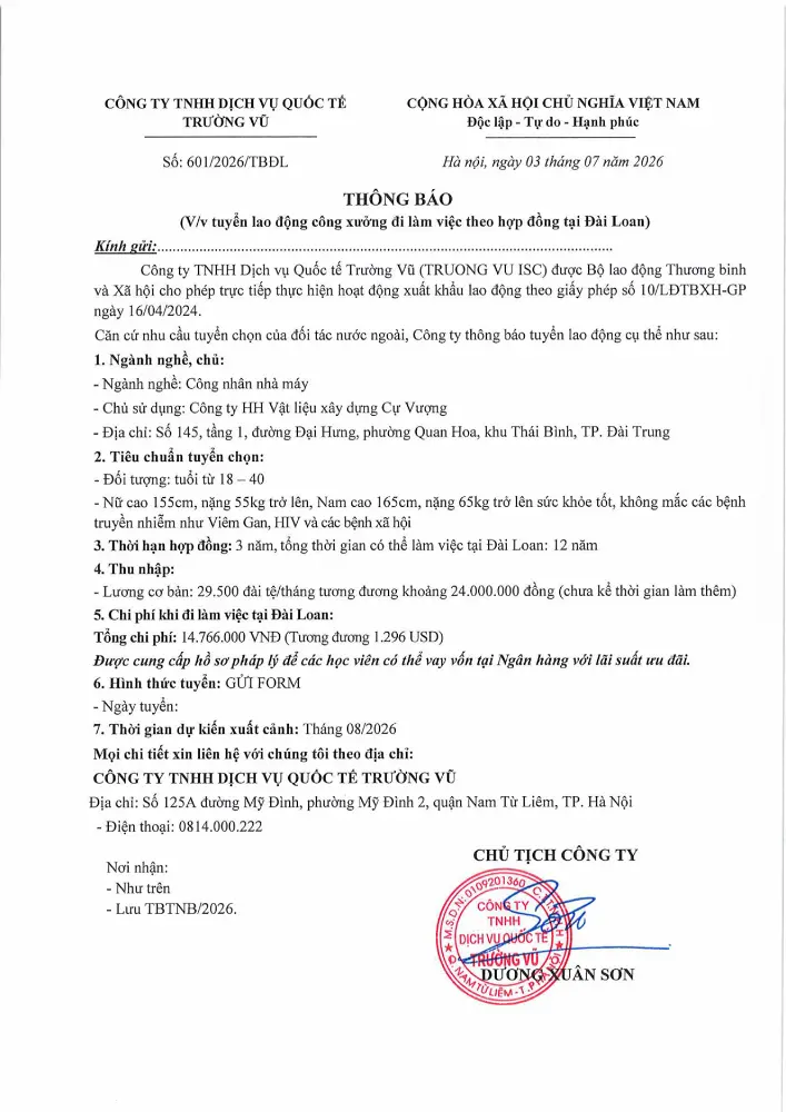 Thông báo tuyển lao động đi làm việc tại thị trường nước ngoài tháng 7 năm 2026