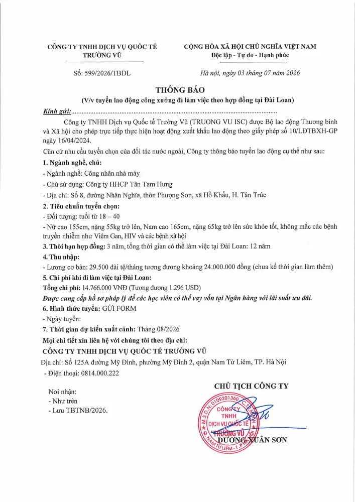 Thông báo tuyển lao động đi làm việc tại thị trường nước ngoài tháng 7 năm 2026