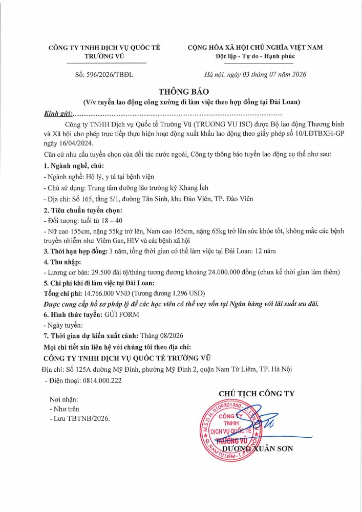 Thông báo tuyển lao động đi làm việc tại thị trường nước ngoài tháng 7 năm 2026