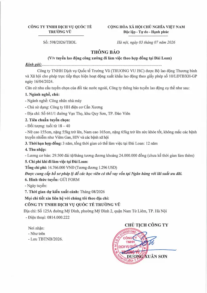 Thông báo tuyển lao động đi làm việc tại thị trường nước ngoài tháng 7 năm 2026