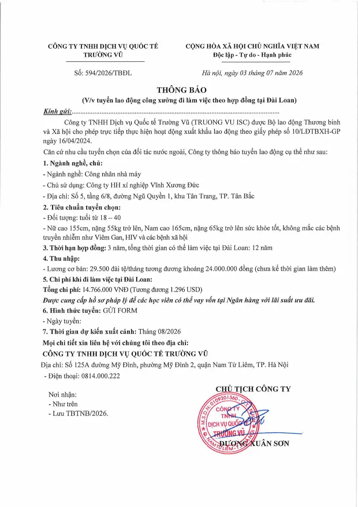 Thông báo tuyển lao động đi làm việc tại thị trường nước ngoài tháng 7 năm 2026