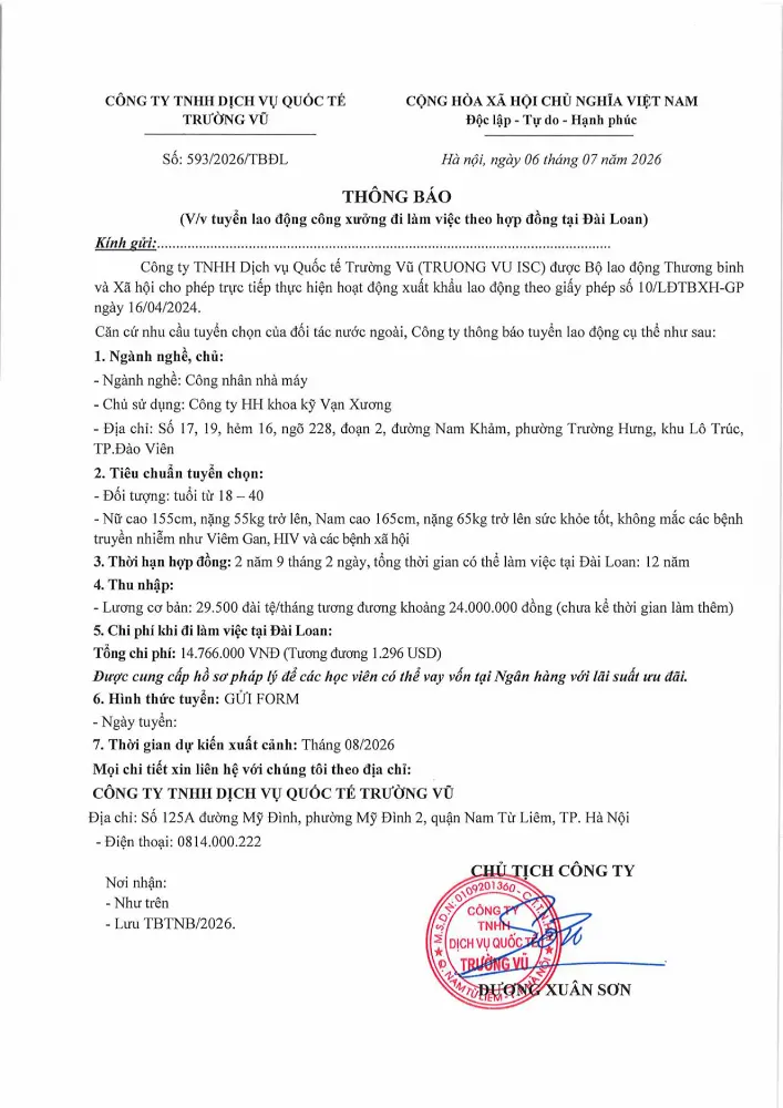 Thông báo tuyển lao động đi làm việc tại thị trường nước ngoài tháng 7 năm 2026