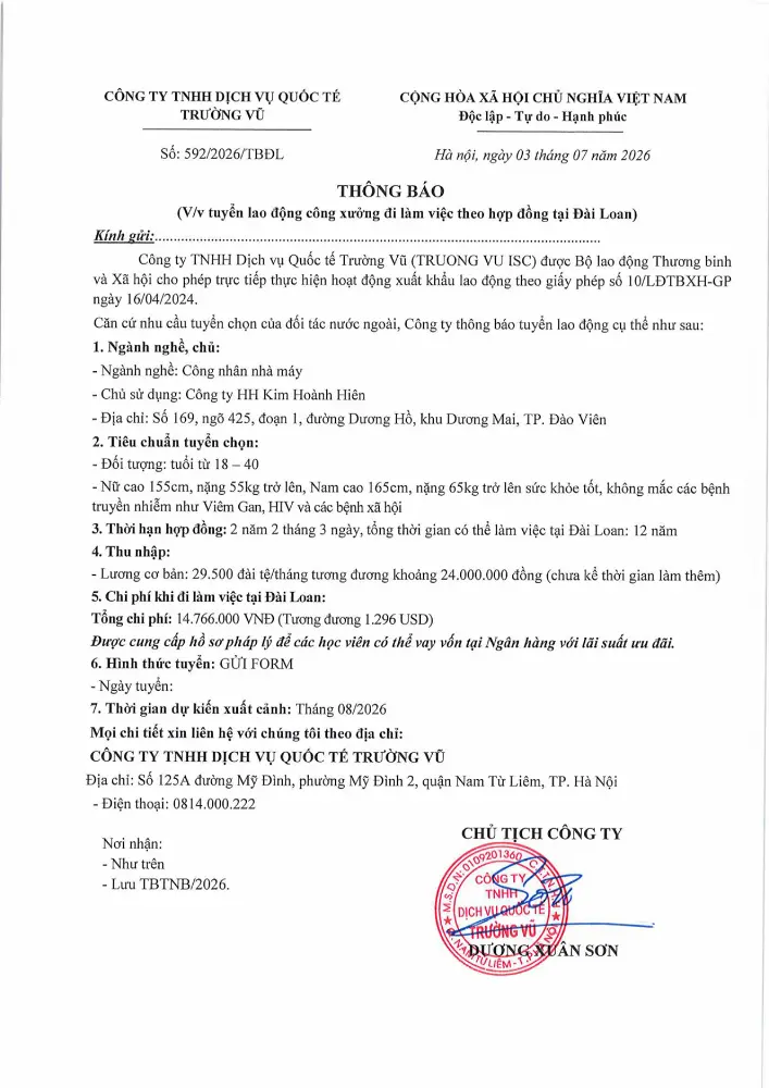 Thông báo tuyển lao động đi làm việc tại thị trường nước ngoài tháng 7 năm 2026