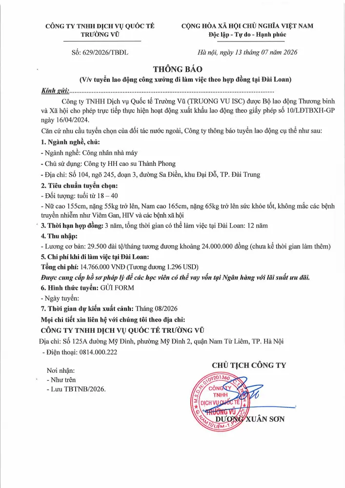 Thông báo tuyển lao động đi làm việc tại thị trường nước ngoài tháng 7 năm 2026