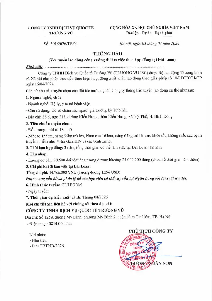 Thông báo tuyển lao động đi làm việc tại thị trường nước ngoài tháng 7 năm 2026