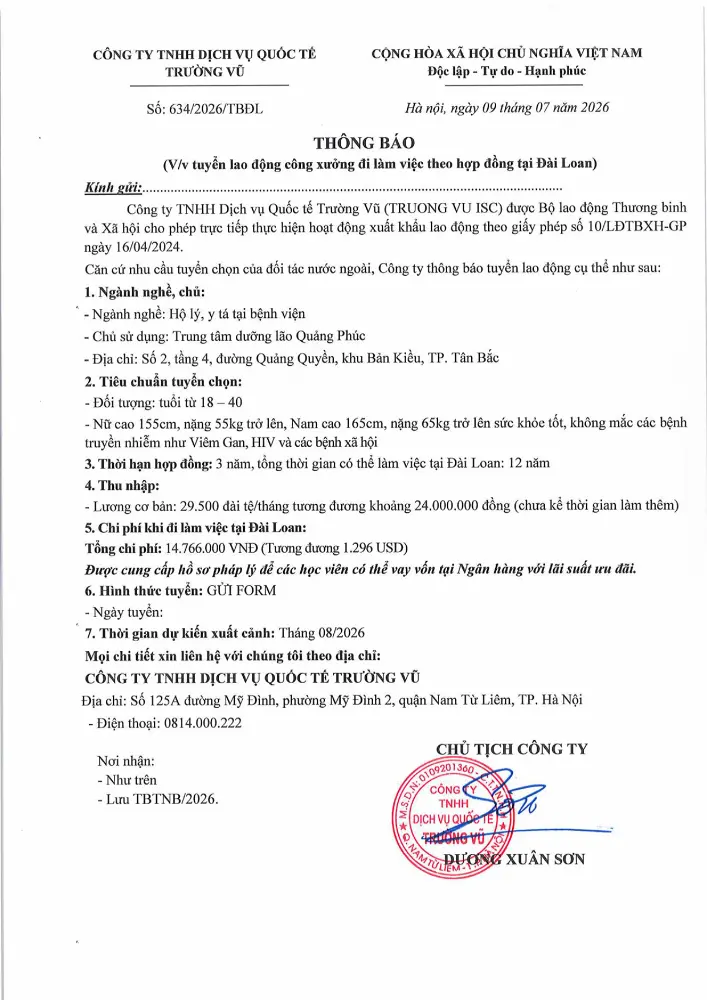 Thông báo tuyển lao động đi làm việc tại thị trường nước ngoài tháng 7 năm 2026
