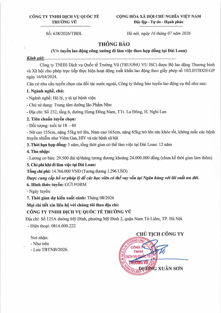Thông báo tuyển lao động đi làm việc tại thị trường nước ngoài tháng 7 năm 2026