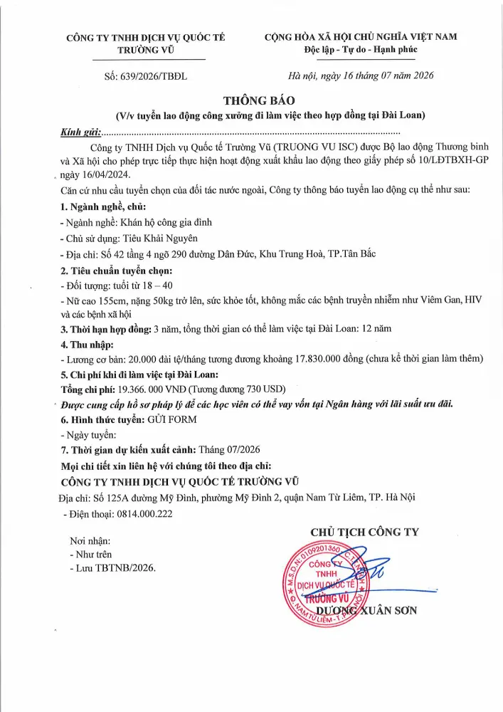 Thông báo tuyển lao động đi làm việc tại thị trường nước ngoài tháng 7 năm 2026