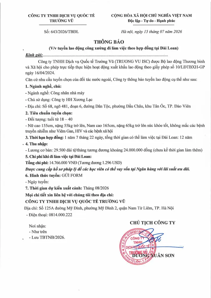 Thông báo tuyển lao động đi làm việc tại thị trường nước ngoài tháng 7 năm 2026