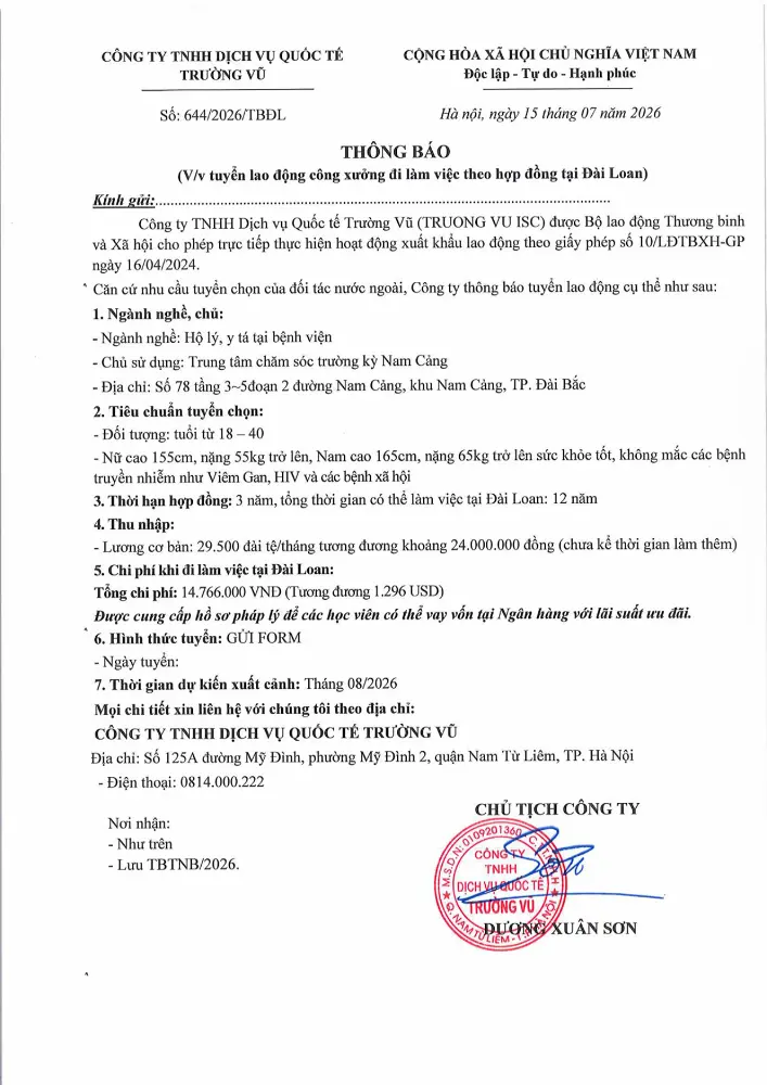 Thông báo tuyển lao động đi làm việc tại thị trường nước ngoài tháng 7 năm 2026