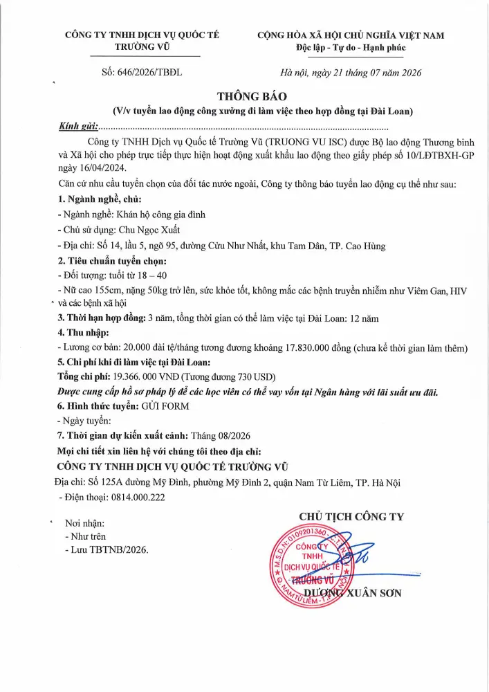 Thông báo tuyển lao động đi làm việc tại thị trường nước ngoài tháng 7 năm 2026