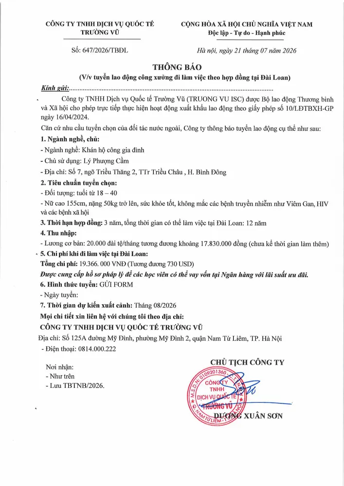 Thông báo tuyển lao động đi làm việc tại thị trường nước ngoài tháng 7 năm 2026