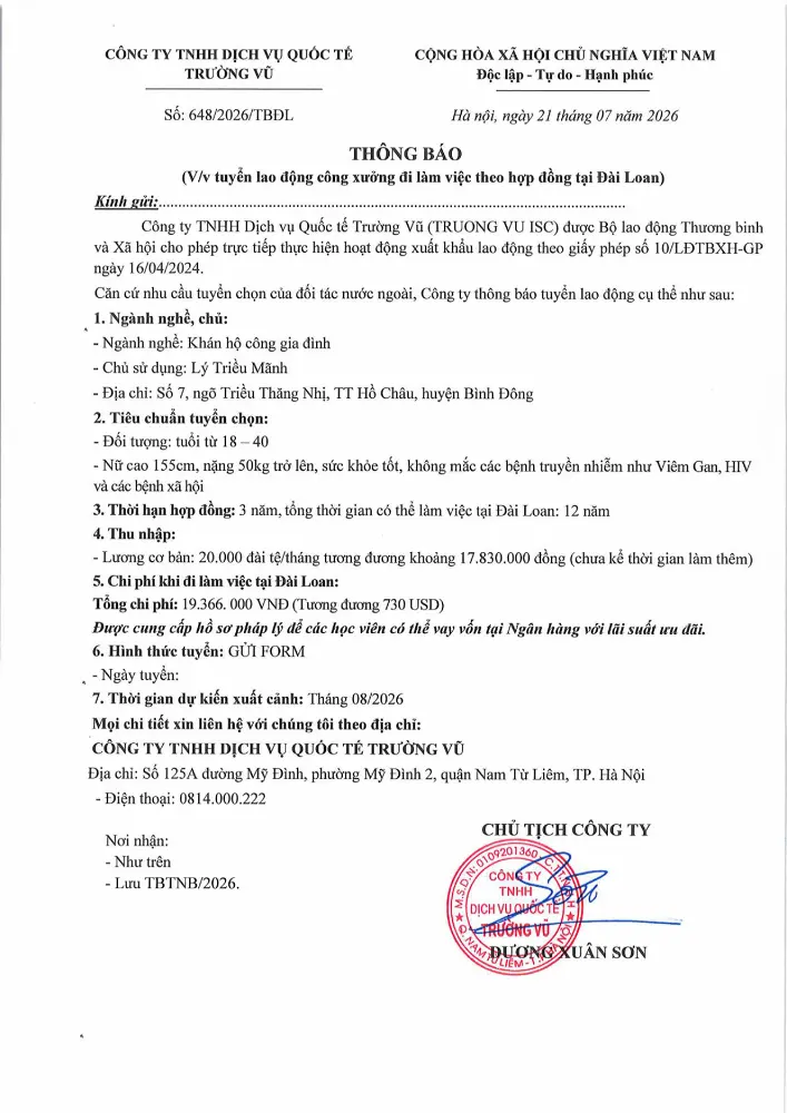 Thông báo tuyển lao động đi làm việc tại thị trường nước ngoài tháng 7 năm 2026