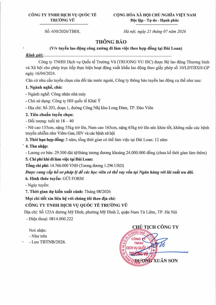 Thông báo tuyển lao động đi làm việc tại thị trường nước ngoài tháng 7 năm 2026