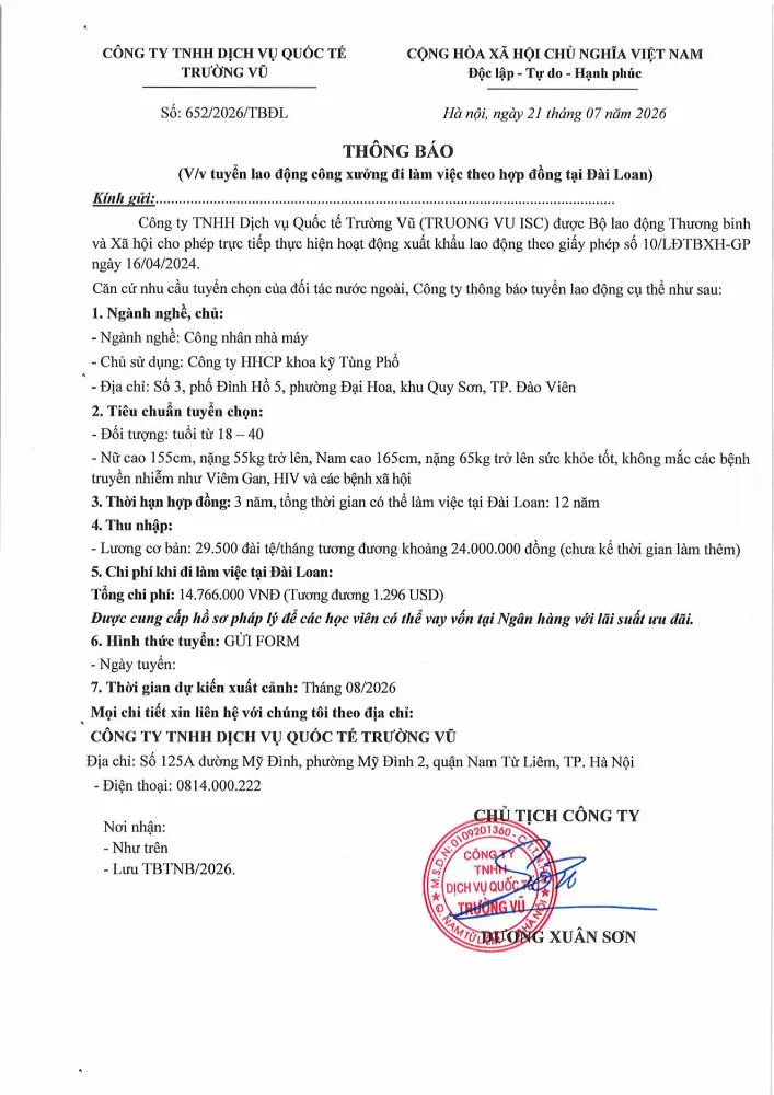 Thông báo tuyển lao động đi làm việc tại thị trường nước ngoài tháng 7 năm 2026