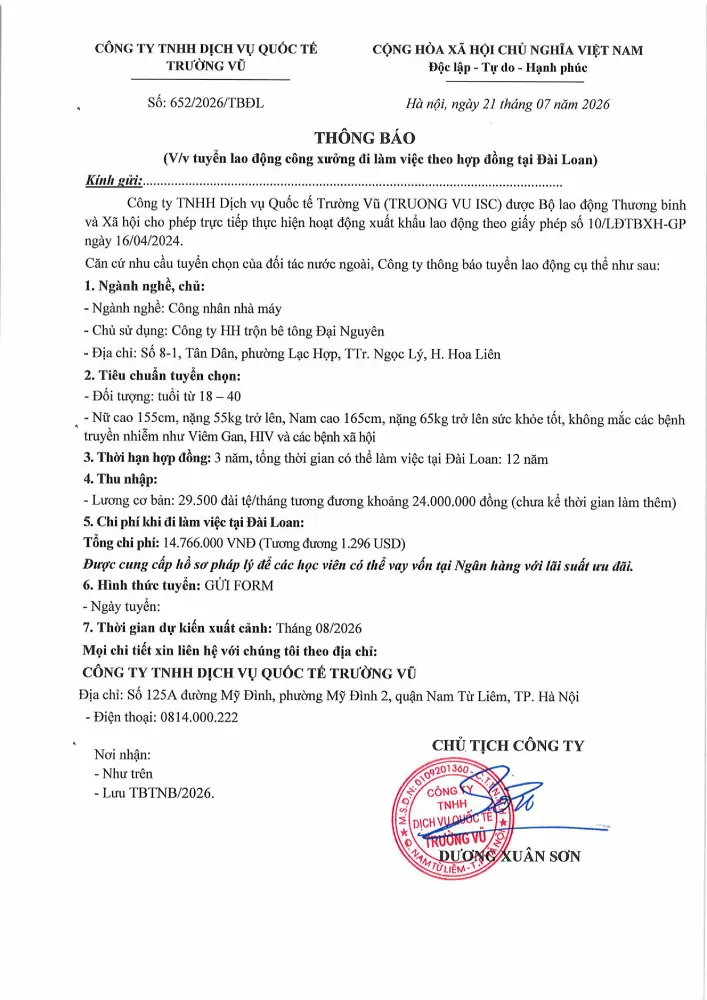 Thông báo tuyển lao động đi làm việc tại thị trường nước ngoài tháng 7 năm 2026