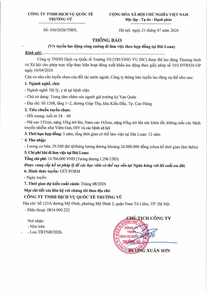 Thông báo tuyển lao động đi làm việc tại thị trường nước ngoài tháng 7 năm 2026