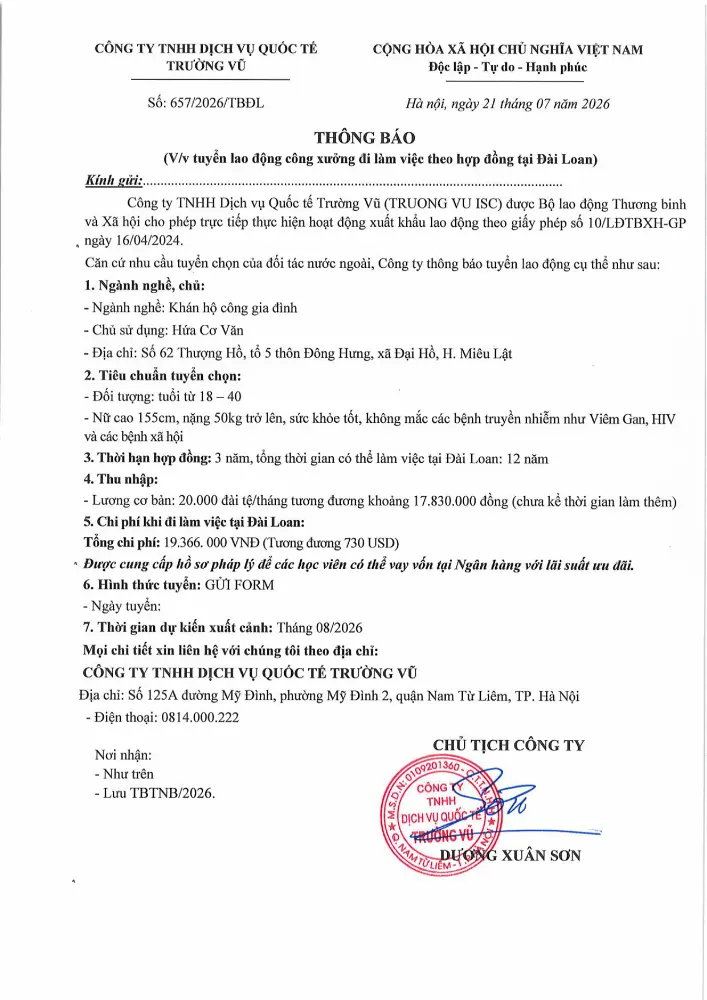 Thông báo tuyển lao động đi làm việc tại thị trường nước ngoài tháng 7 năm 2026