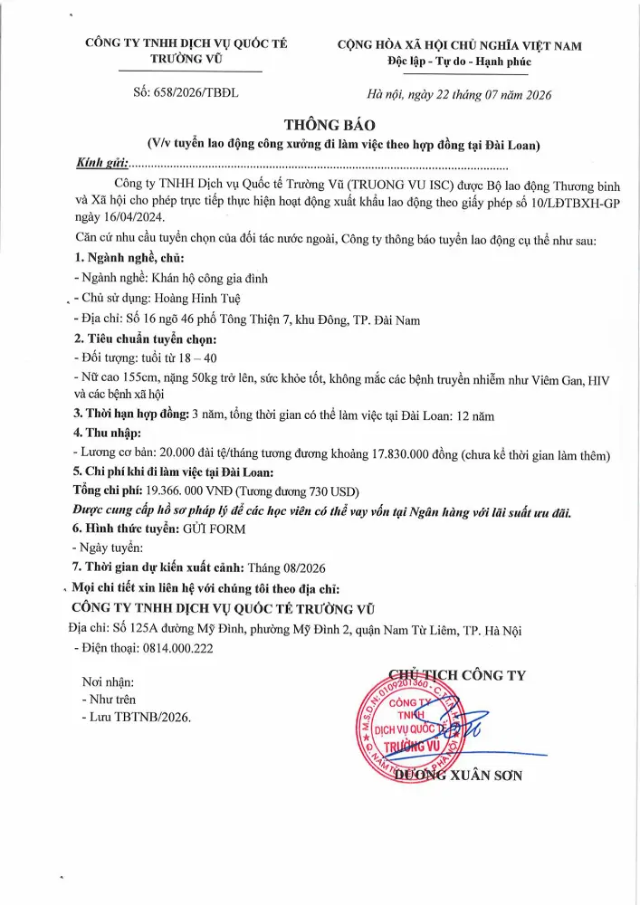 Thông báo tuyển lao động đi làm việc tại thị trường nước ngoài tháng 7 năm 2026