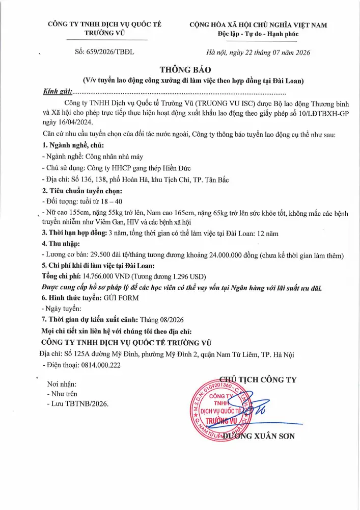 Thông báo tuyển lao động đi làm việc tại thị trường nước ngoài tháng 7 năm 2026