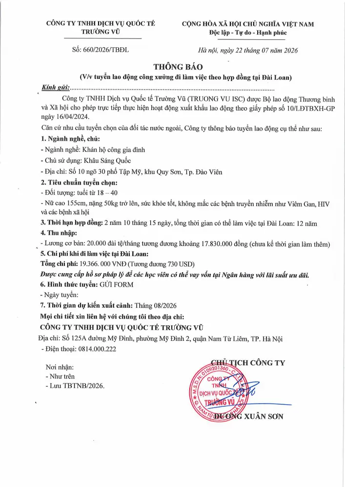 Thông báo tuyển lao động đi làm việc tại thị trường nước ngoài tháng 7 năm 2026