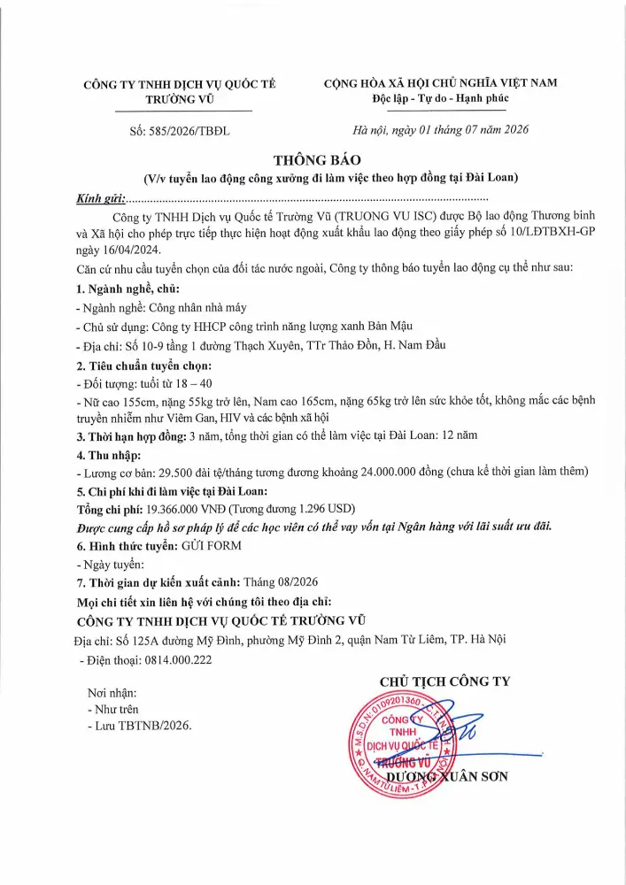 Thông báo tuyển lao động đi làm việc tại thị trường nước ngoài tháng 7 năm 2026
